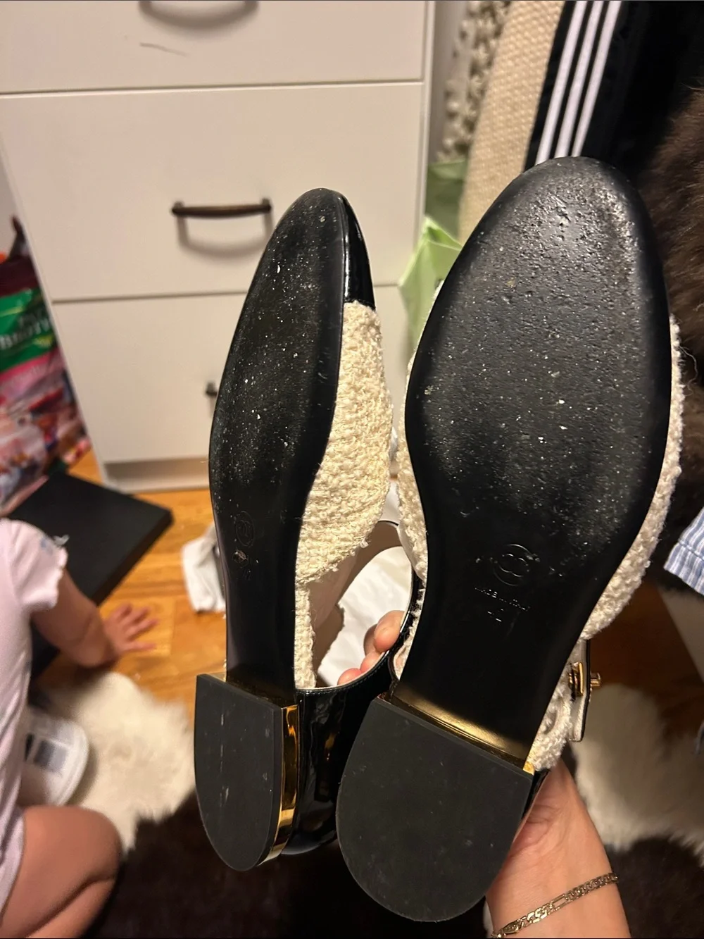 CHANEL Black Patent Leather and Cream Tweed Slingback Flats